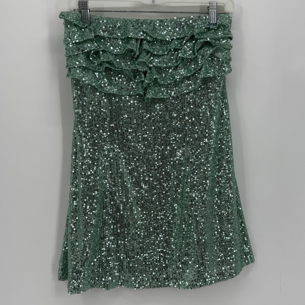 Free People Turquoise Sequin Strapless Ruffle Mini Dress Size 4 NEW